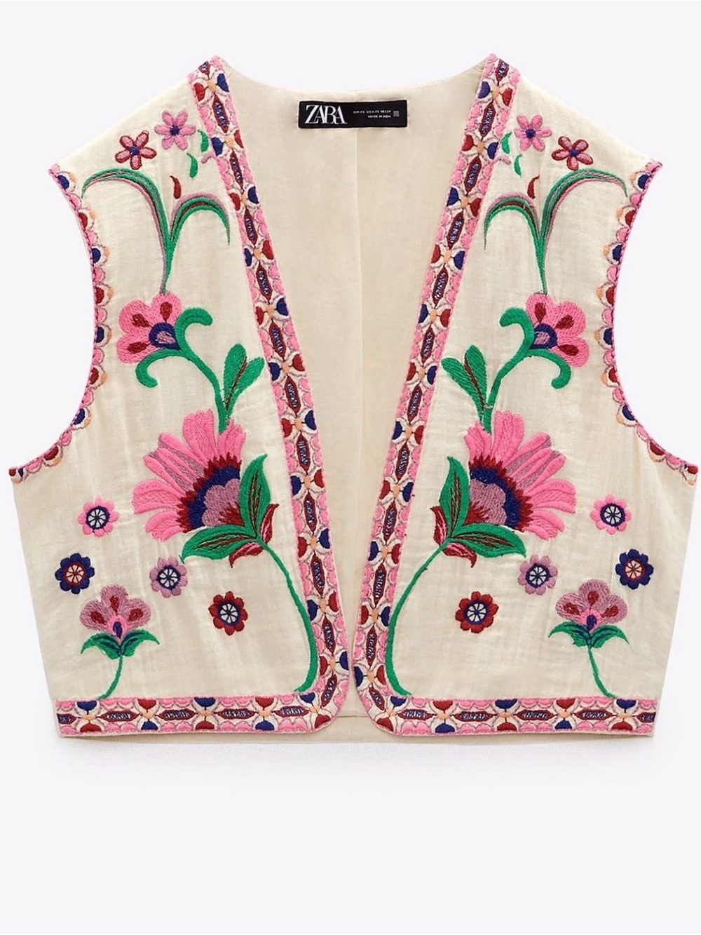 Zara Floral Embroidered Vest S Pink Floral Boho Folk Festival Eclectic